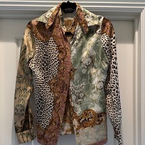 Roberto Cavalli Animal and Floral Print silk long sleeve blouse